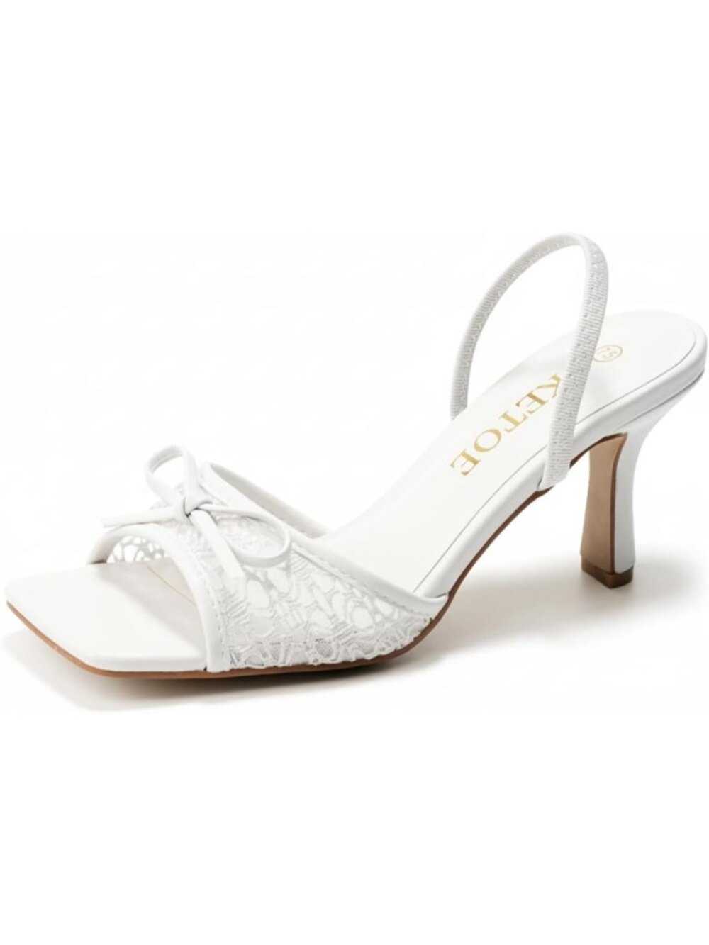 Women's White Soft Leather Square Toe Mesh Knot Bow Kitten Heels Slip On Sandals